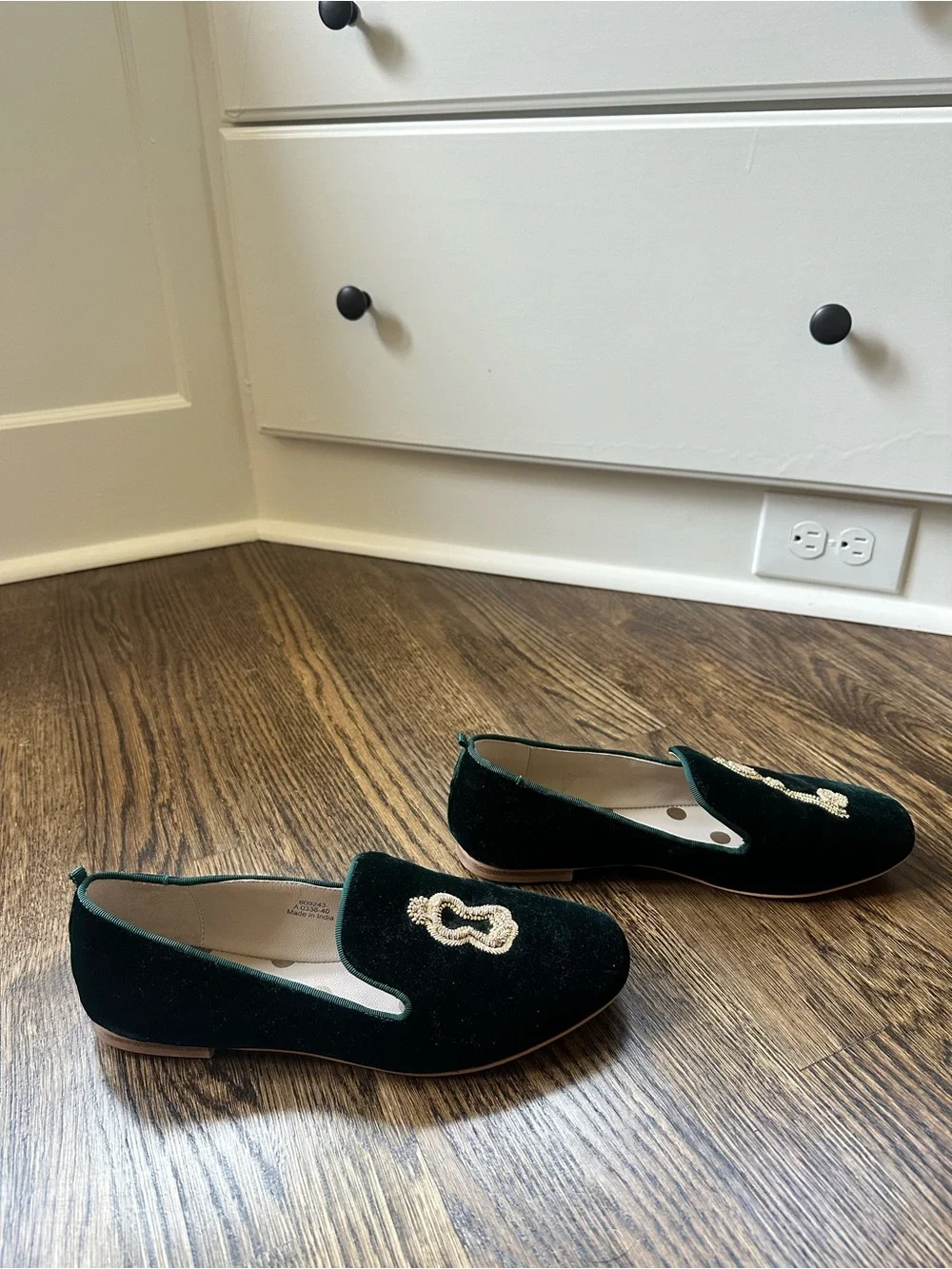 Boden Emerald Velvet Loafers with Gold Key & Lock Embellishment